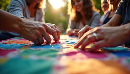A group of people's hands work together on a colorful handmade quilt, symbolizing community, collaboration, and traditional craft.