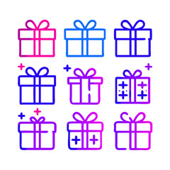 Collection of nine colorful gradient gift boxes with bows and sparkles on a black background representing celebration and surprise