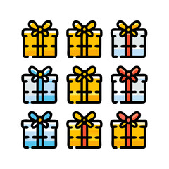 A collection of nine colorful gift boxes with bows presented in a grid arrangement on a black background symbolizing celebration and surprise