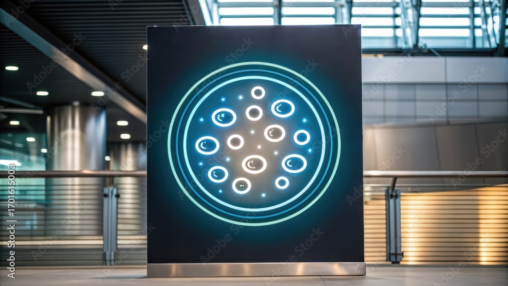 Poster tissue engineering design modern art installation featuring circular patterns in a sleek urban setti