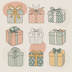 Collection of nine hand drawn gift boxes with ribbons and bows in pastel colors on a neutral background