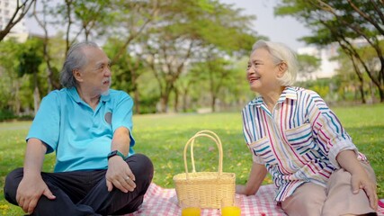 Senior asian man and woman couple of best friend enjoy a delightful picnic under the trees, sipping orange juice and sharing laughter in a park, creating lasting memories together, talk and relax - Powered by Adobe