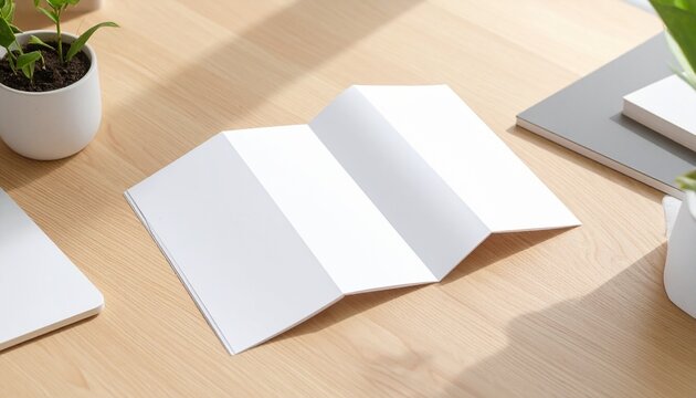 Blank Tri-Fold Brochure Mockup on Wooden Desk