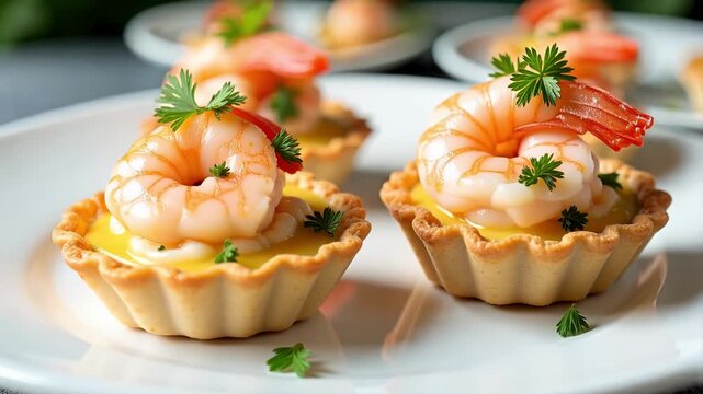 Elegant appetizer tartlets with shrimp and herbs for a festive party a bite-sized hors d'oeuvre perfect for a fresh, upscale 4k video event