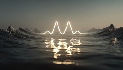 Abstract graphic of a glowing waveform over a body of water and mountains