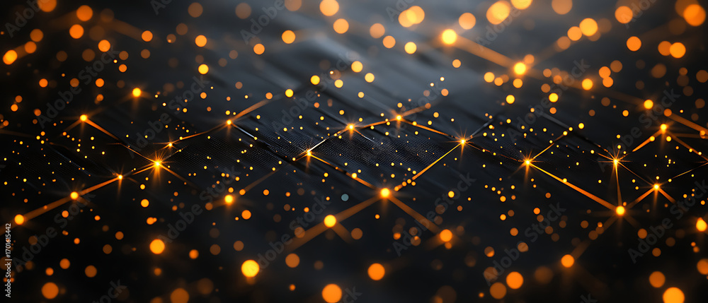 Poster abstract network of glowing orange dots and lines on a dark background, symbolizing connectivity and