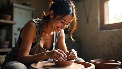 A happy young woman smiles as she creates a clay bowl on a pottery wheel, enjoying the creative process in her art studio.