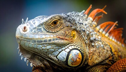 Fototapeta premium Close-up profile view of a vibrant iguana, showcasing intricate scales and a striking array of colors.
