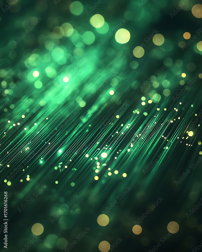 Poster abstract background of green fiber optic strands with glowing bokeh lights, representing digital dat