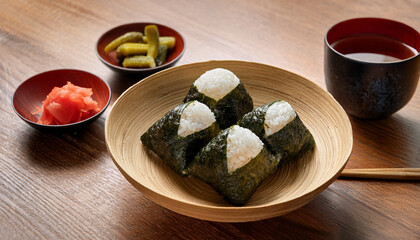 日本の食事の定番。おにぎり３個に飲み物付き。