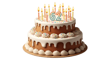 Birthday cake with candles and the number 62 on top isolated PNG with Transparent Background