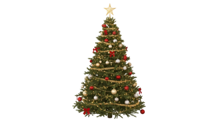 Decorated Christmas tree with ornaments and golden star isolated PNG with Transparent Background