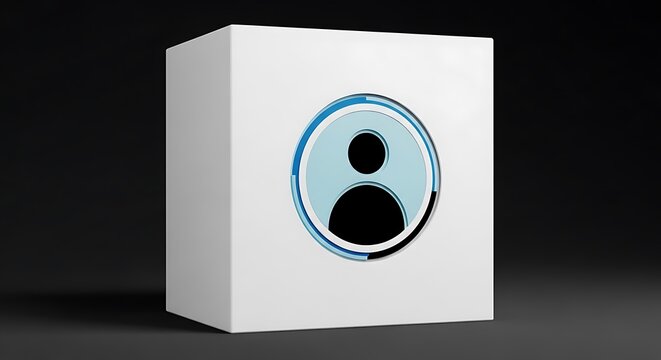 A clean, geometric cube featuring a stylized person icon with a progress indicator on a dark background