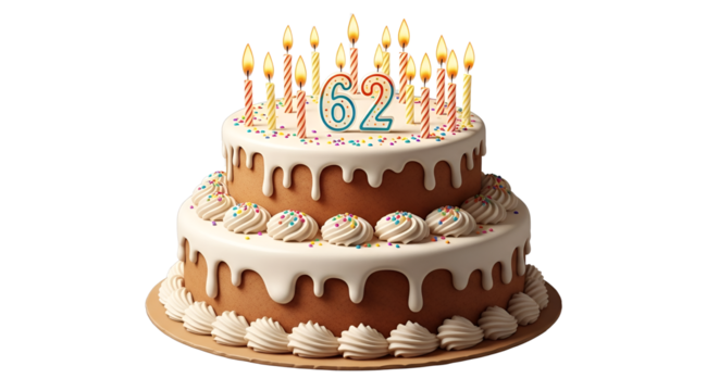 Birthday cake with candles and the number 62 on top isolated PNG with Transparent Background - Powered by Adobe