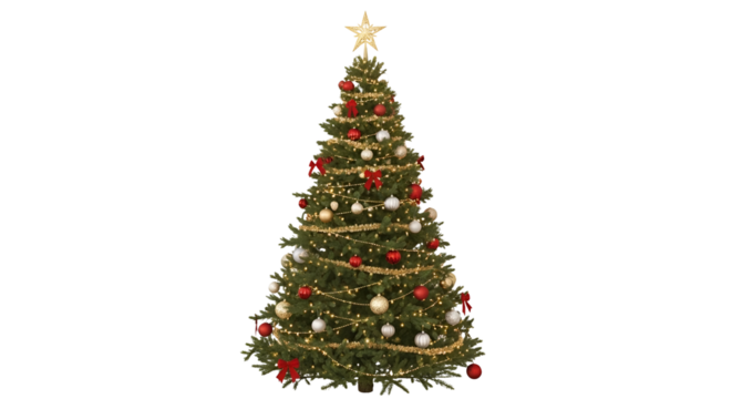 Decorated Christmas tree with ornaments and golden star isolated PNG with Transparent Background
