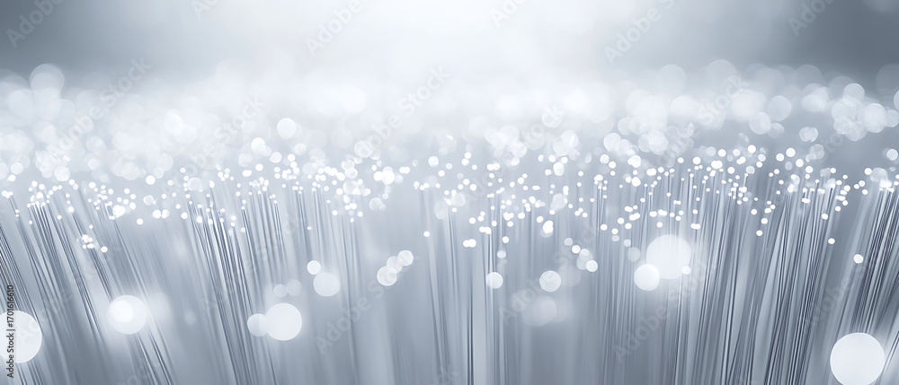 Poster abstract background of numerous fiber optic strands with glowing light points and bokeh effect.