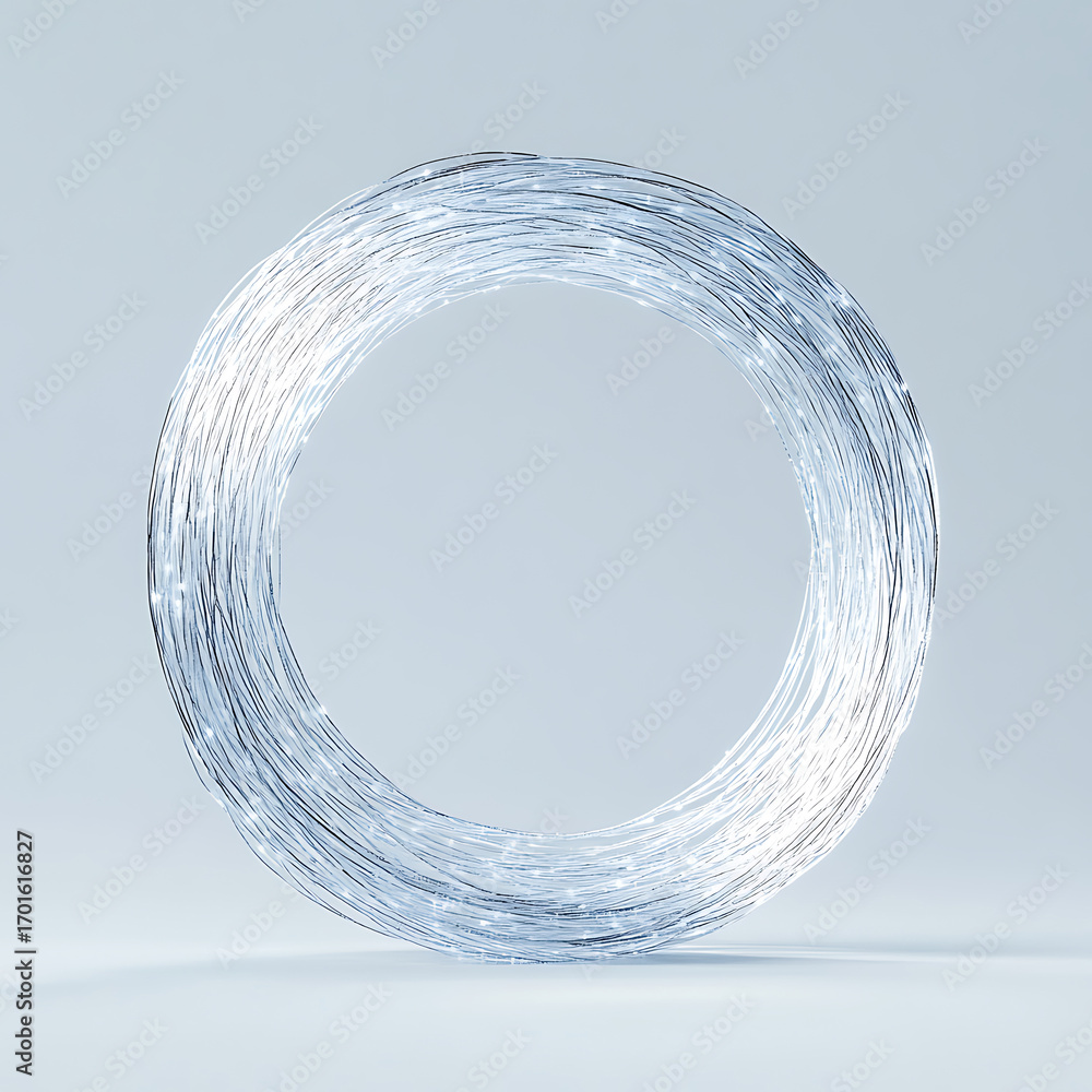 Poster abstract circular frame made of thin metallic wire or digital data strands, isolated on white backgr