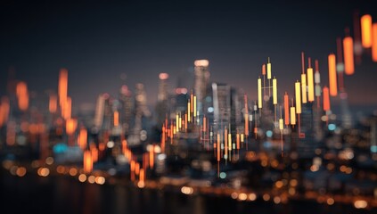 Blurry cityscape overlaid with financial charts at night