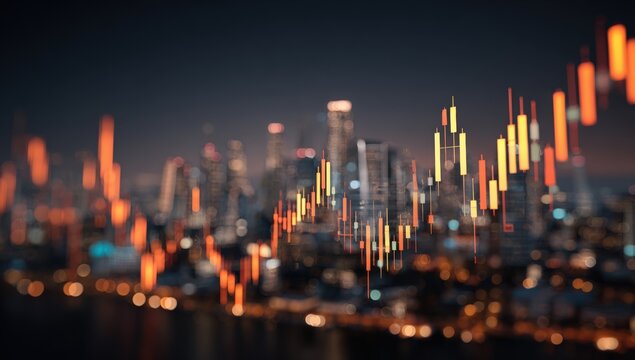 Blurry cityscape overlaid with financial charts at night - Powered by Adobe