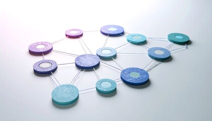 Connected network of colorful circles on a white background.