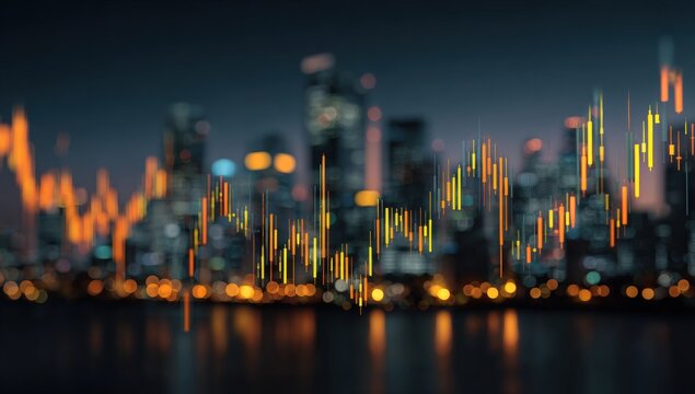 Abstract cityscape at night with financial data overlay - Powered by Adobe