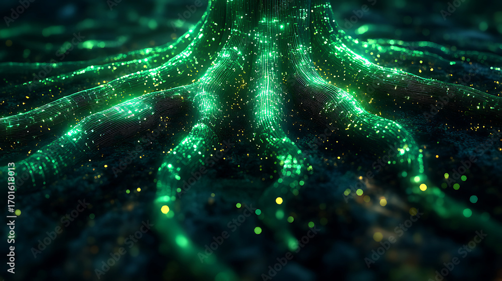 Poster abstract network of glowing green digital roots or neural pathways in a dark, futuristic technologic