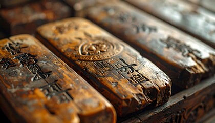 Close-up view of intricately carved wooden blocks, showcasing ancient Chinese characters etched into the warm, aged wood.  These antique printing blocks display a rich history and craftsmanship.