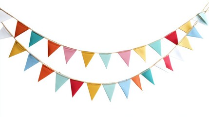 Fototapeta premium Colorful flags hang in a row, perfect for celebrations, parties, or festive events, bringing joy and vibrancy to any space.