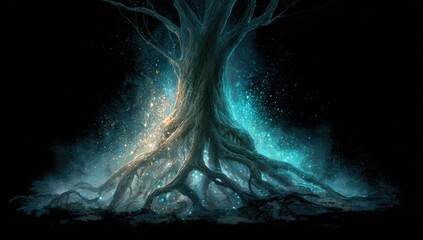 A luminous ancient tree's roots in a dark night