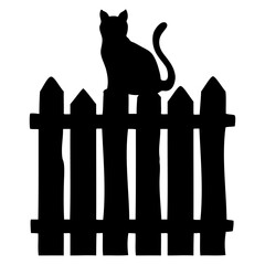 Logo con silueta de gato negro sentado en valla rústica de estacas de madera para su uso en invitaciones y tarjetas de Halloween