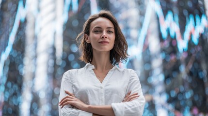 Confident woman stands before digital financial data, symbolizing success in modern business and technology.