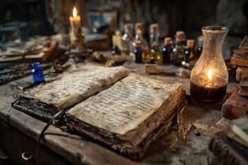 Aged book on a dusty table, surrounded by mystical items