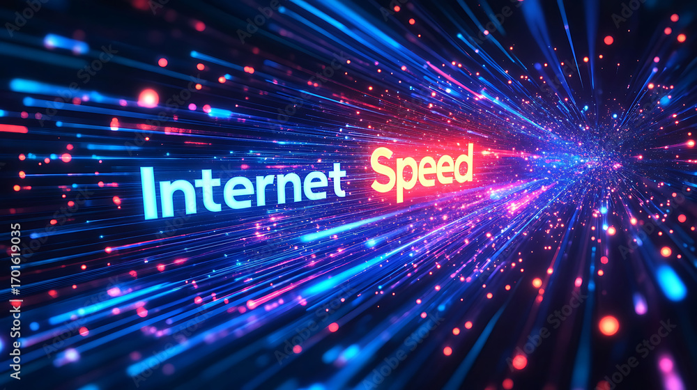 Poster dynamic visual of internet speed, illustrating highspeed data transmission with vibrant light streak
