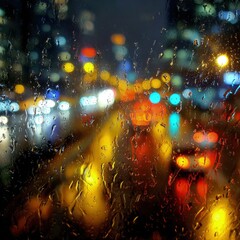 Obraz premium City Night View Through Rainy Window