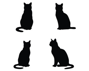 Four distinct black cat silhouettes in various seated poses against a clean white background