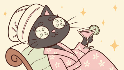 A cute black cat enjoying a spa day, wearing a turban and robe, with cucumber slices on its eyes and a cocktail