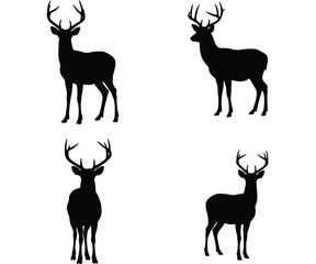 Collection of four distinct black silhouette deer poses against a clean white background for wildlife and nature design