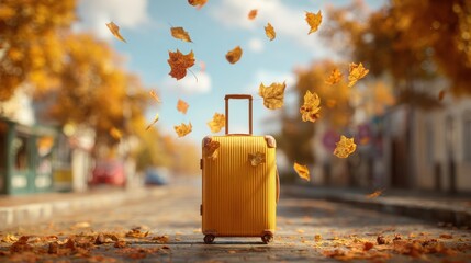 Autumn Travel: Yellow Suitcase on Fall Street