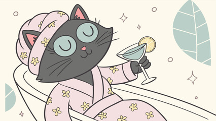 Cute black cat wearing a bathrobe and towel, relaxing in a bath with a cocktail, enjoying a spa day