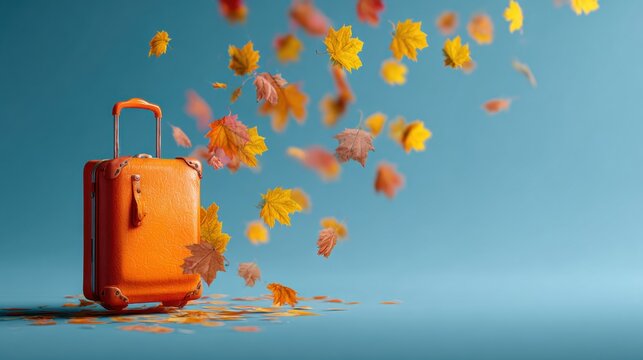 Autumn Travel: Orange Suitcase & Falling Leaves
