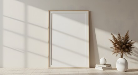 Elegant vertical wooden frame mockup leaning against a sunlit wall, a blank canvas for showcasing artwork in a minimalist Japandi style interior
