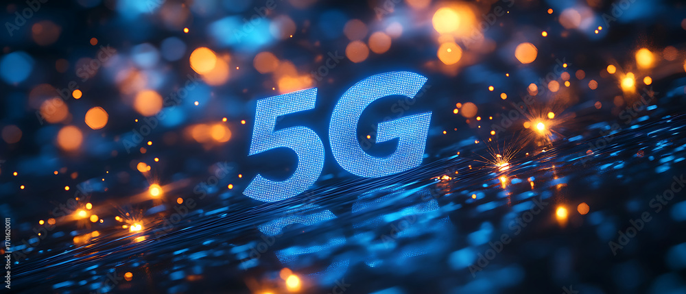 Poster glowing 5g text with abstract digital particles and bokeh lights, representing futuristic technology