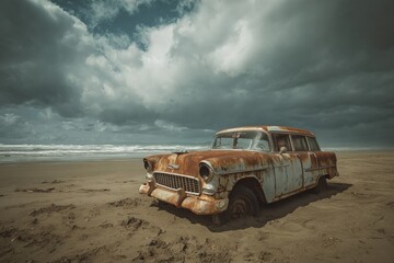 Rusty car on a sandy beach under a dramatic sky