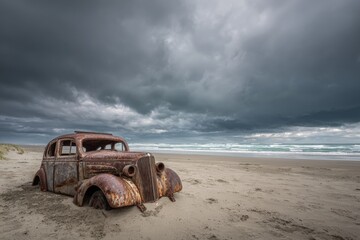 Rusty car on a stormy beach (1)