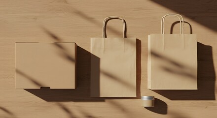 Top view of a blank set of eco-friendly kraft paper packaging, including shopping bags, a box, and a jar, ideal for sustainable brand mockups on a wooden surface with plant shadows