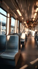 Fototapeta premium Empty Modern Subway Car, Sunlight Streaming Through Windows