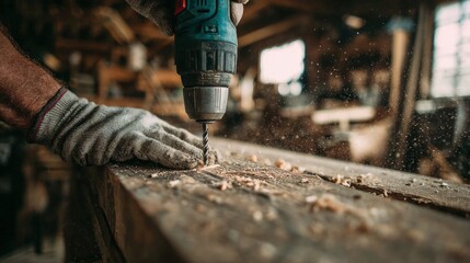 Carpenter Drilling Wood In Workshop
