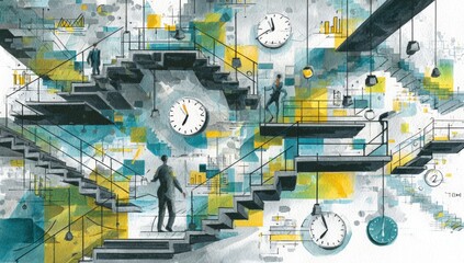 Abstract illustration of people navigating multiple interconnected staircases, filled with elements representing time and work