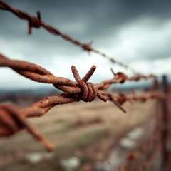 Rusty Barbed Wire Fence, Gloomy Landscape