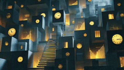 Abstract city of cubes with glowing windows and stairs